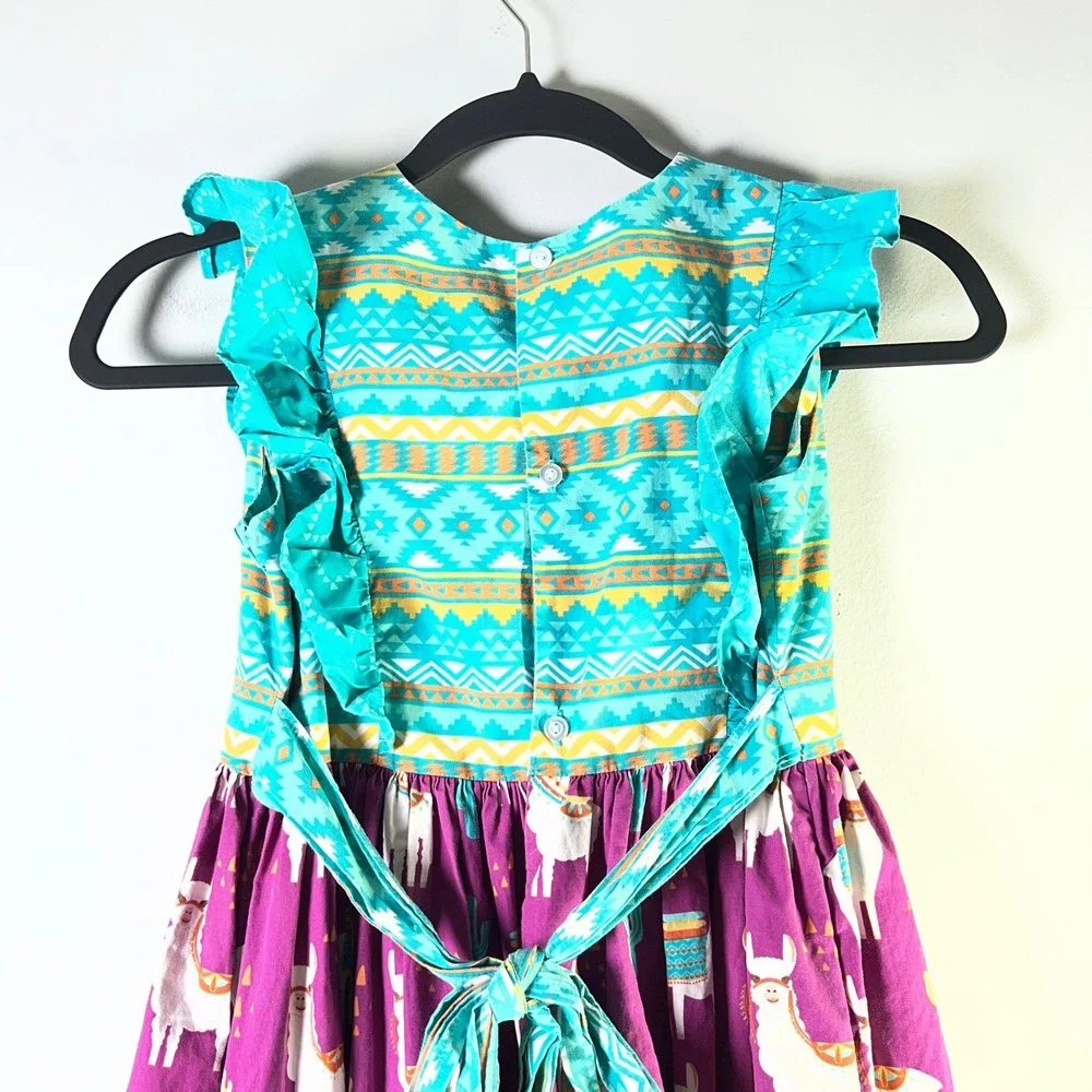 Eleanor Rose Girls Sz 10/12 Dress Llama Aztec Cactus Ruffle Boho Southwest